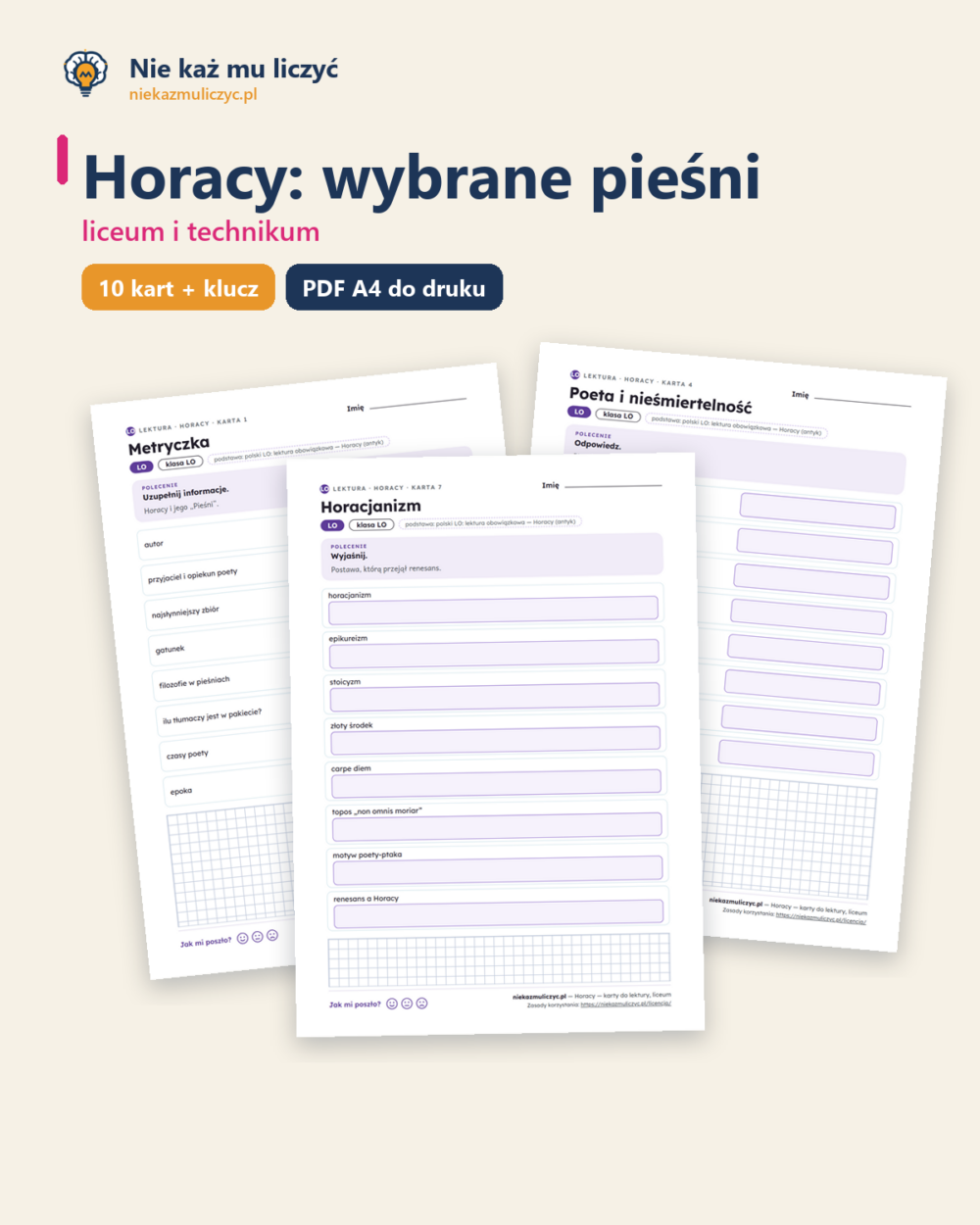 Horacy: wybrane pieśni — karty do lektury, liceum, 10 kart PDF — okładka