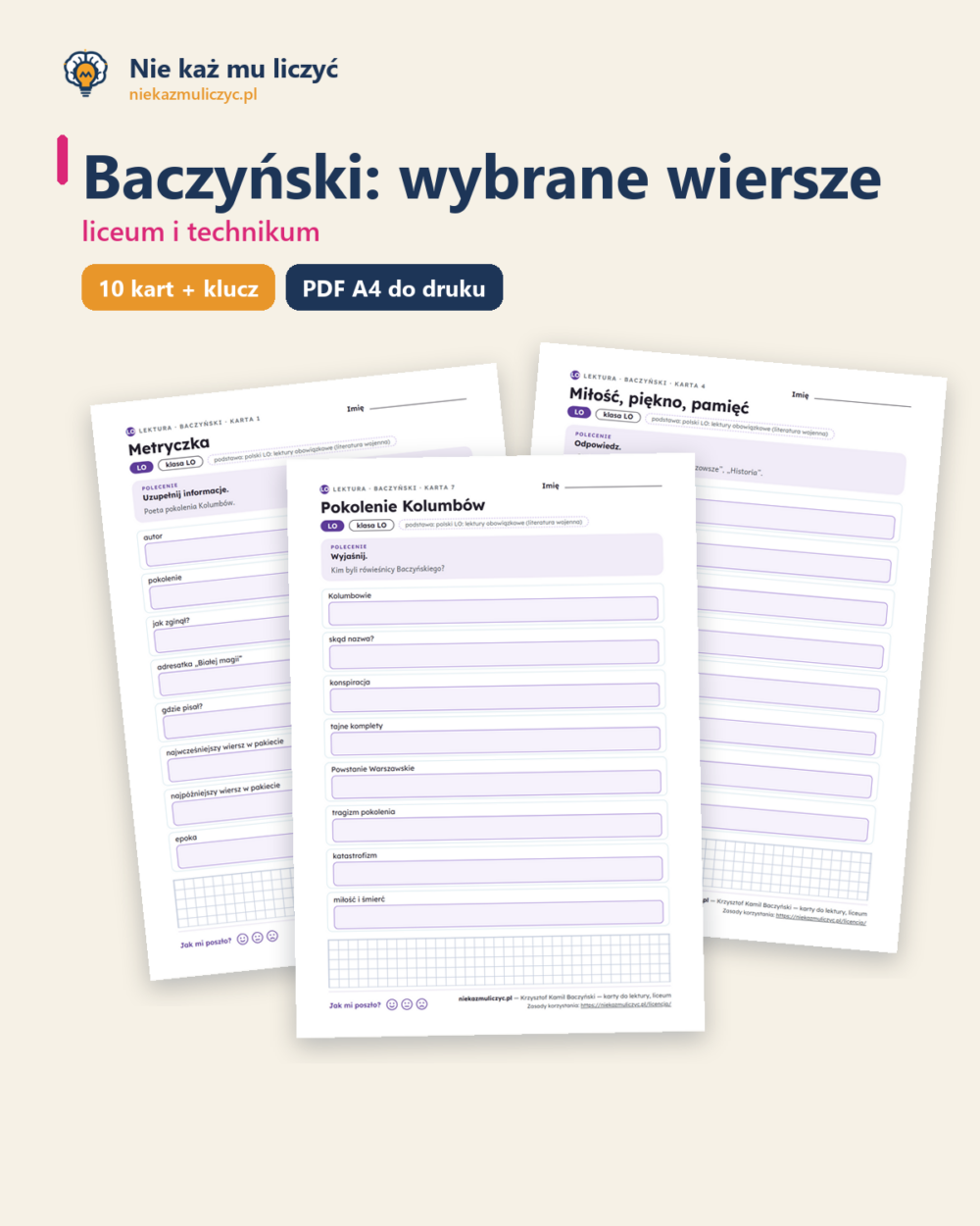 Baczyński: wybrane wiersze — karty do lektury, liceum, 10 kart PDF — okładka
