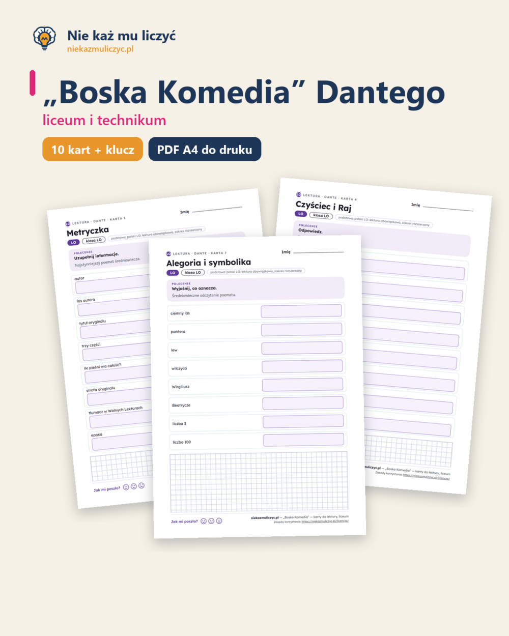 „Boska Komedia” Dantego — karty do lektury, liceum, 10 kart PDF — okładka