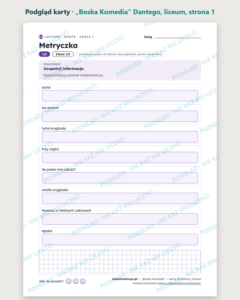 „Boska Komedia” Dantego — karty do lektury, liceum, 10 kart PDF — podgląd karty, strona 1