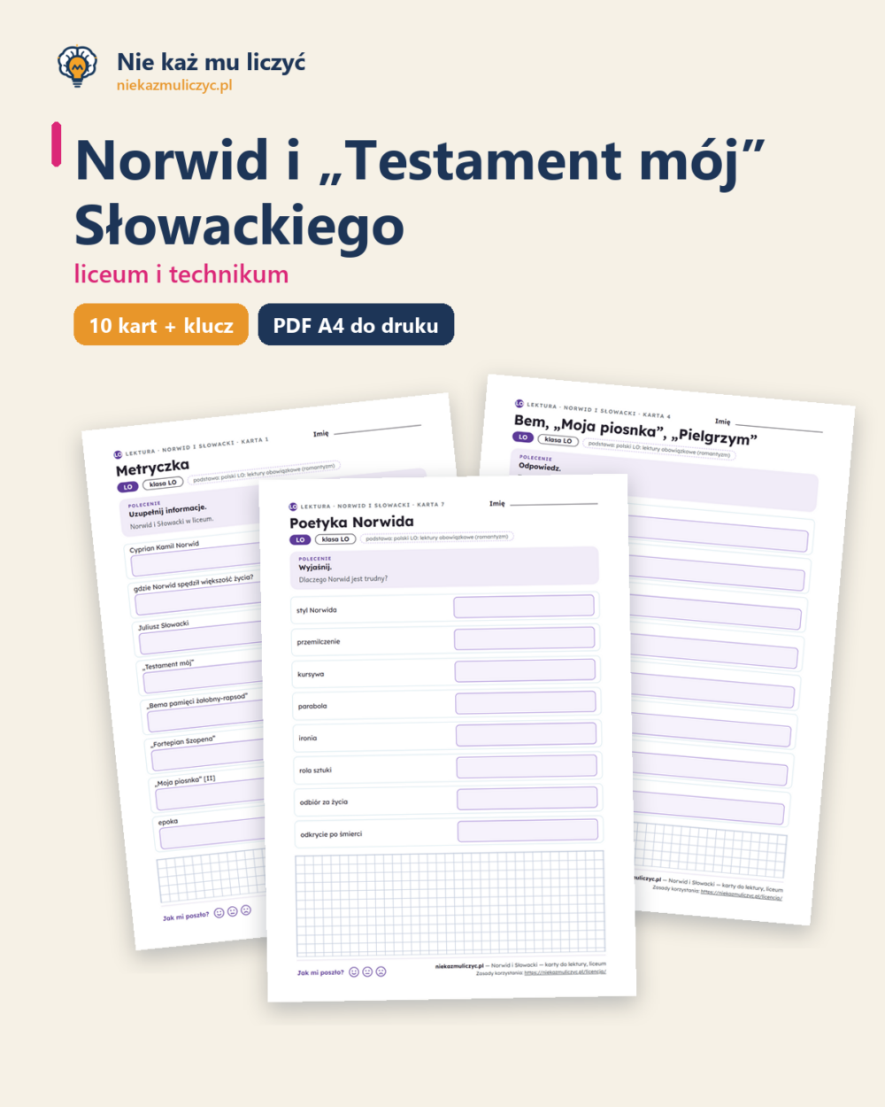 Norwid i „Testament mój” Słowackiego — karty do lektury, liceum — okładka
