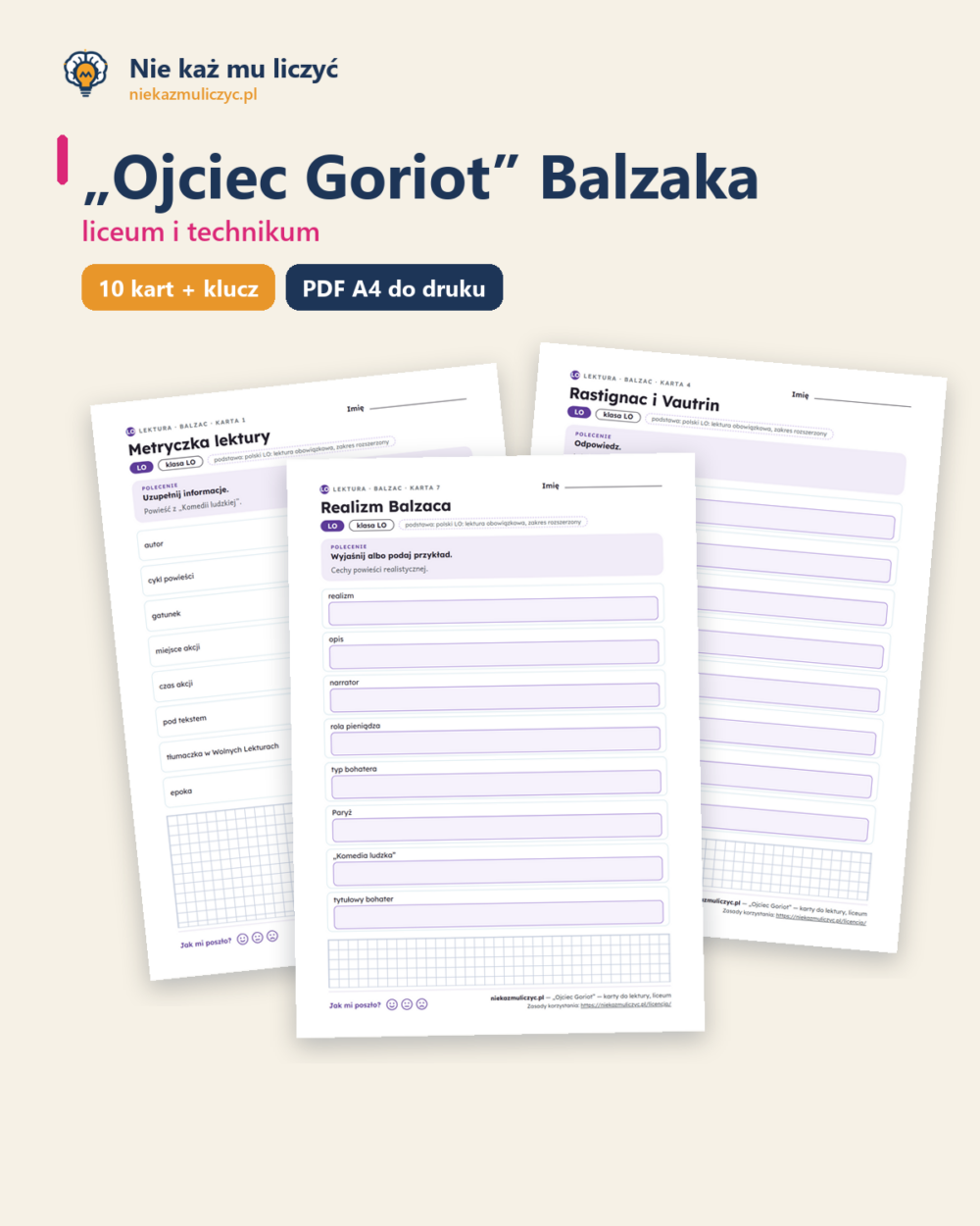 „Ojciec Goriot” Balzaka — karty do lektury, liceum, 10 kart PDF — okładka
