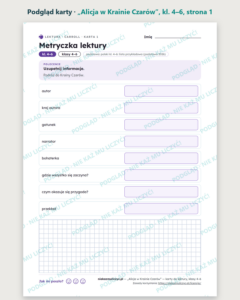 „Alicja w Krainie Czarów” — karty do lektury, klasy 4–6, 10 kart PDF — podgląd karty, strona 1