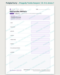 „Przygody Tomka Sawyera” — karty do lektury, klasy 4–6, 10 kart PDF — podgląd karty, strona 1