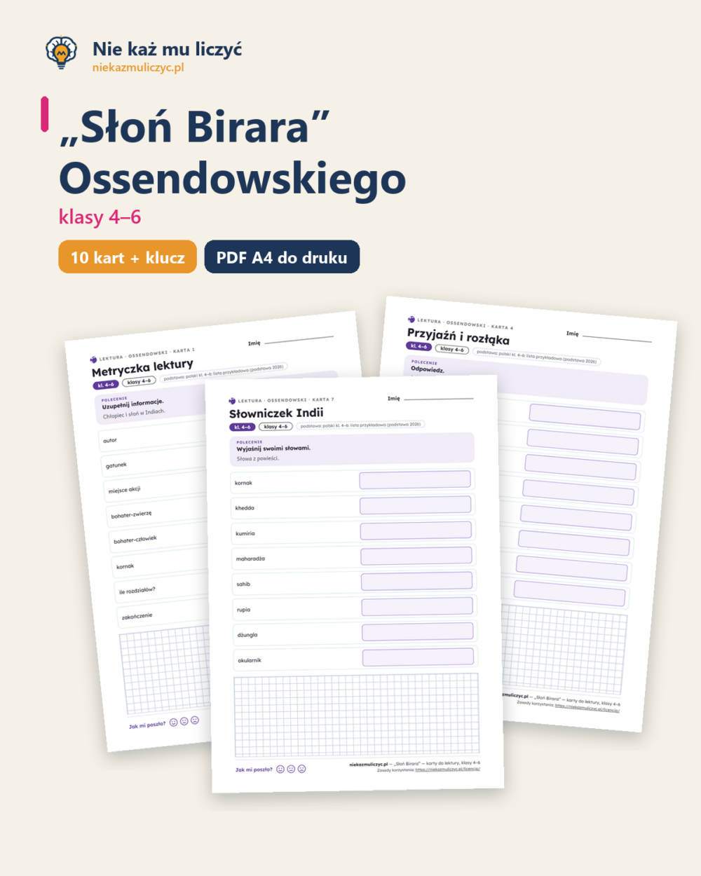 „Słoń Birara” Ossendowskiego — karty do lektury, klasy 4–6 — okładka