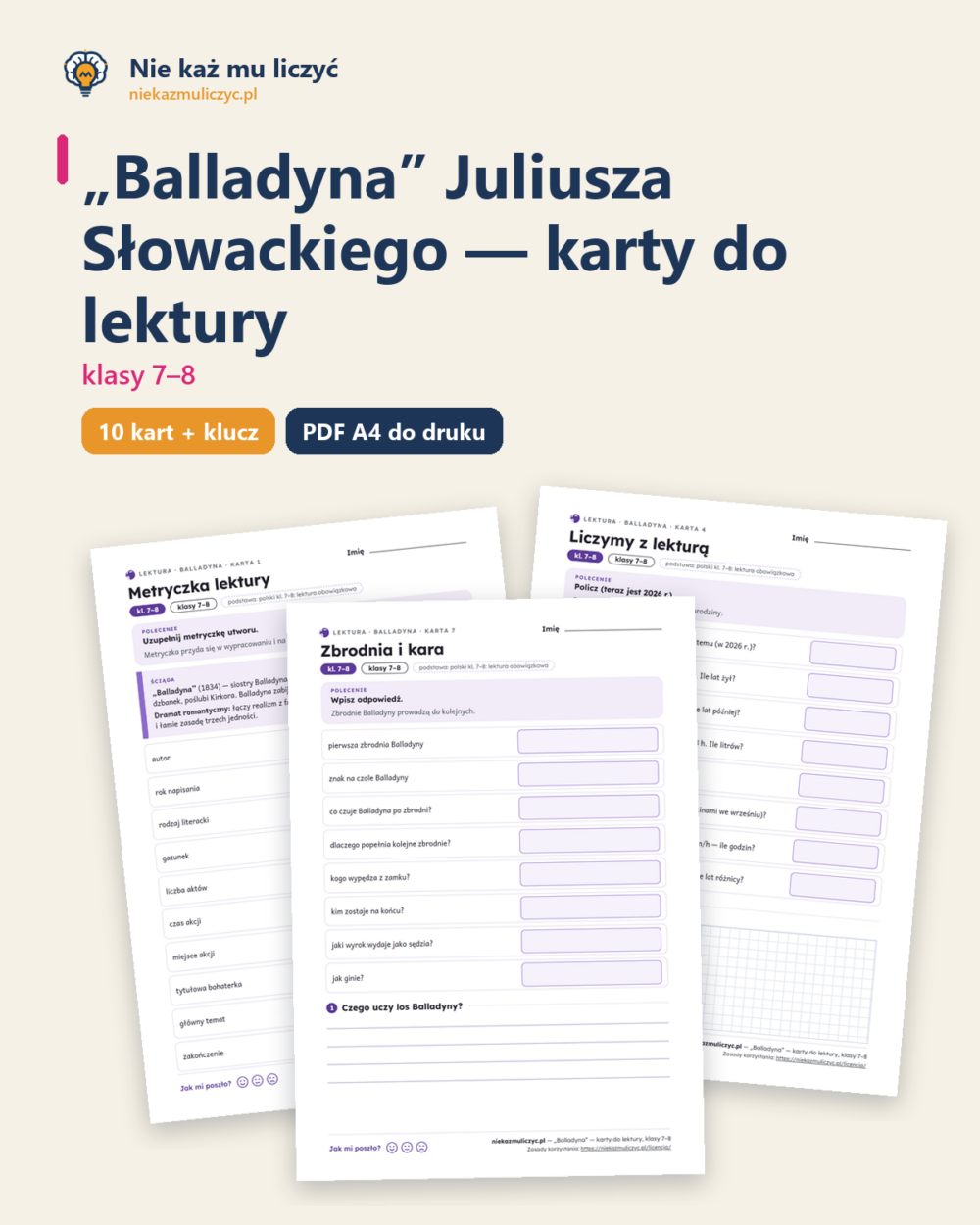 „Balladyna”, lektura kl. 7–8 — 10 kart pracy PDF z kluczem — okładka