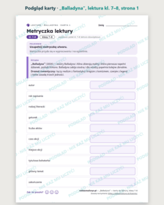 „Balladyna”, lektura kl. 7–8 — 10 kart pracy PDF z kluczem — podgląd karty, strona 1