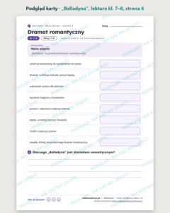 „Balladyna”, lektura kl. 7–8 — 10 kart pracy PDF z kluczem — podgląd karty, strona 6