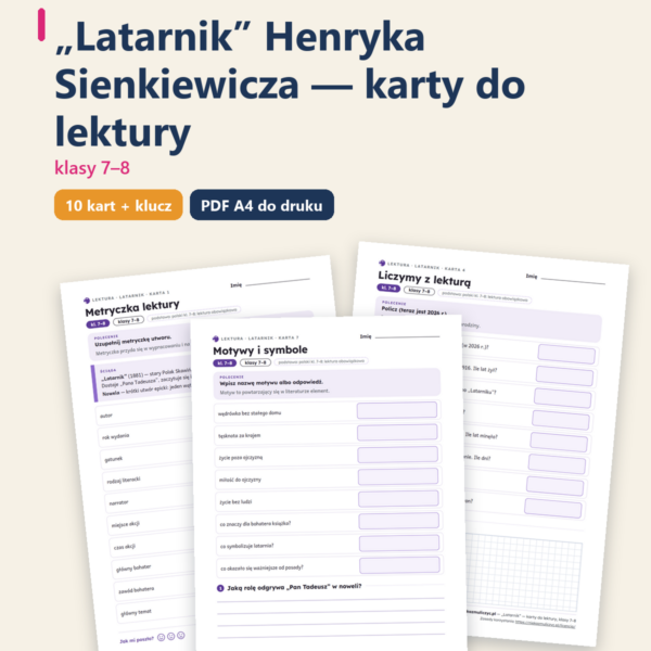 „Latarnik”, lektura kl. 7–8 — 10 kart pracy PDF z kluczem — okładka