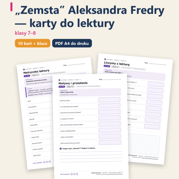 „Zemsta”, lektura kl. 7–8 — 10 kart pracy PDF z kluczem — okładka