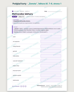 „Zemsta”, lektura kl. 7–8 — 10 kart pracy PDF z kluczem — podgląd karty, strona 1
