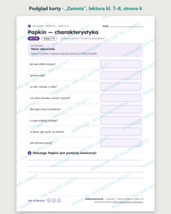 „Zemsta”, lektura kl. 7–8 — 10 kart pracy PDF z kluczem — podgląd karty, strona 6