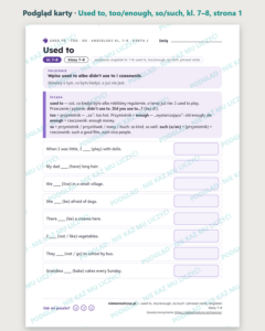 Used to, too/enough, so/such, phrasal verbs, kl. 7–8 — 10 kart PDF — podgląd karty, strona 1