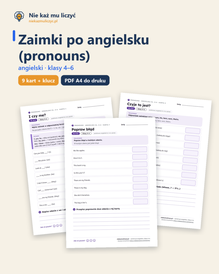 Zaimki po angielsku (I, me, my, mine), kl. 4–6 — 9 kart PDF z kluczem — okładka