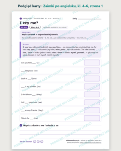 Zaimki po angielsku (I, me, my, mine), kl. 4–6 — 9 kart PDF z kluczem — podgląd karty, strona 1