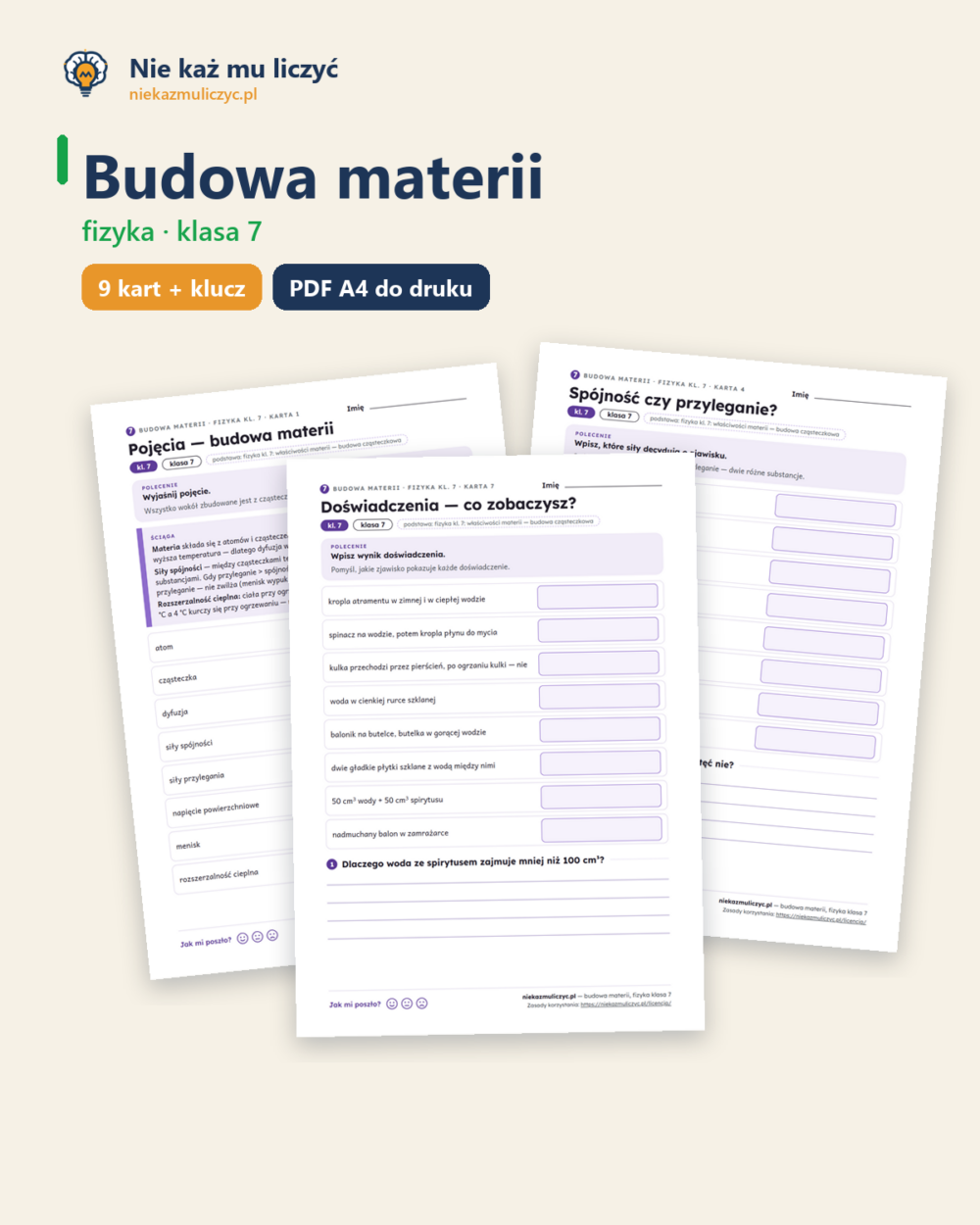 Budowa materii, fizyka klasa 7 — 9 kart pracy PDF z kluczem — okładka