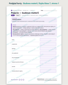Budowa materii, fizyka klasa 7 — 9 kart pracy PDF z kluczem — podgląd karty, strona 1