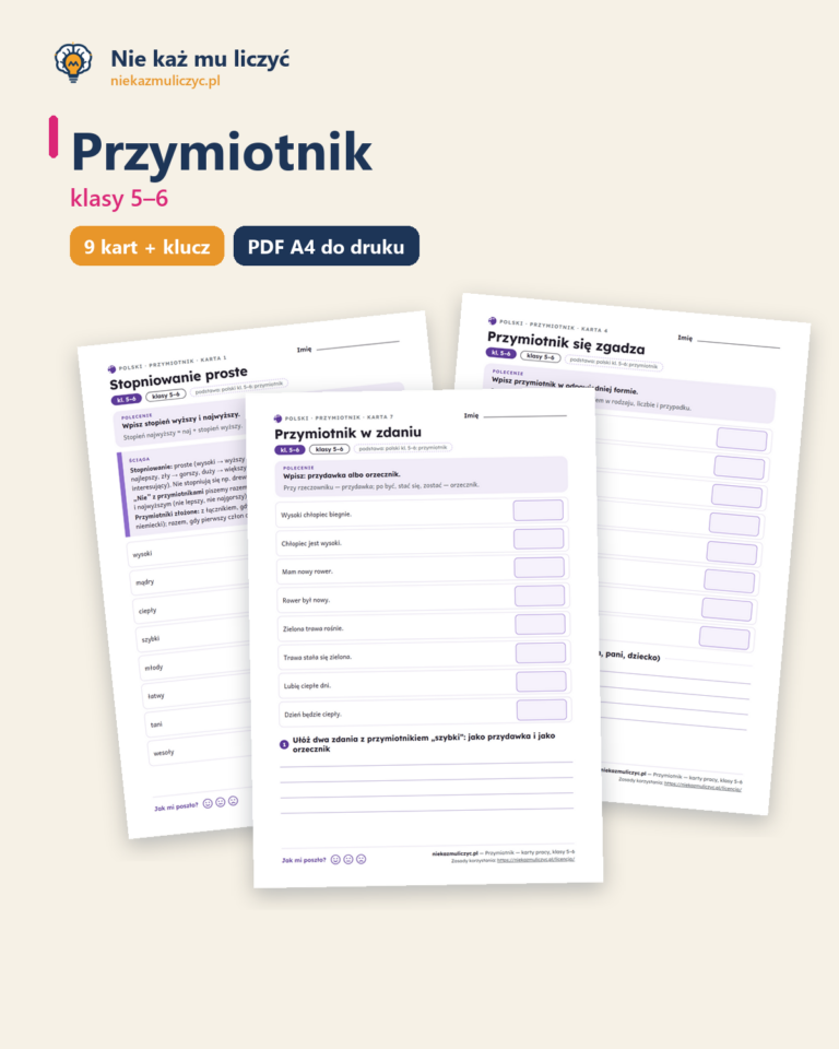 Przymiotnik, język polski kl. 5–6 — 9 kart pracy PDF z kluczem — okładka