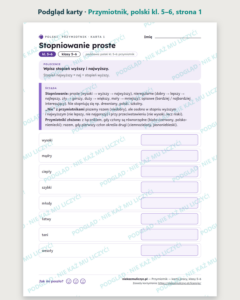 Przymiotnik, język polski kl. 5–6 — 9 kart pracy PDF z kluczem — podgląd karty, strona 1
