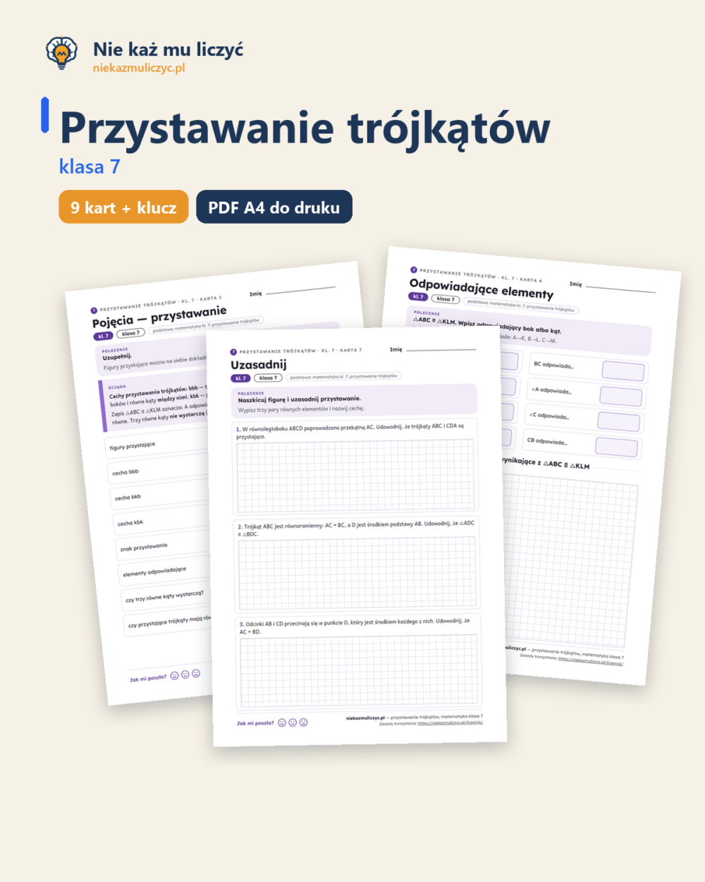 Przystawanie trójkątów, matematyka klasa 7 — 9 kart PDF z kluczem — okładka