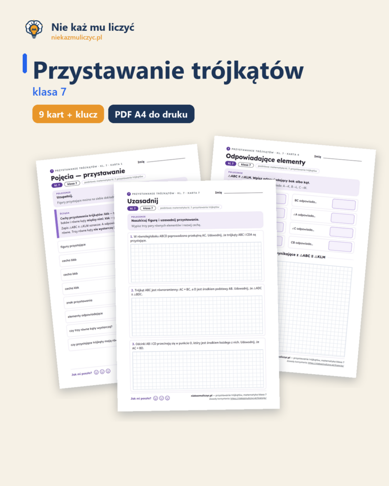 Przystawanie trójkątów, matematyka klasa 7 — 9 kart PDF z kluczem — okładka