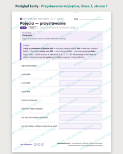 Przystawanie trójkątów, matematyka klasa 7 — 9 kart PDF z kluczem — podgląd karty, strona 1