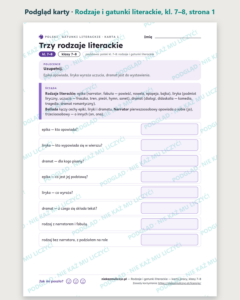 Rodzaje i gatunki literackie, kl. 7–8 — 10 kart pracy PDF z kluczem — podgląd karty, strona 1