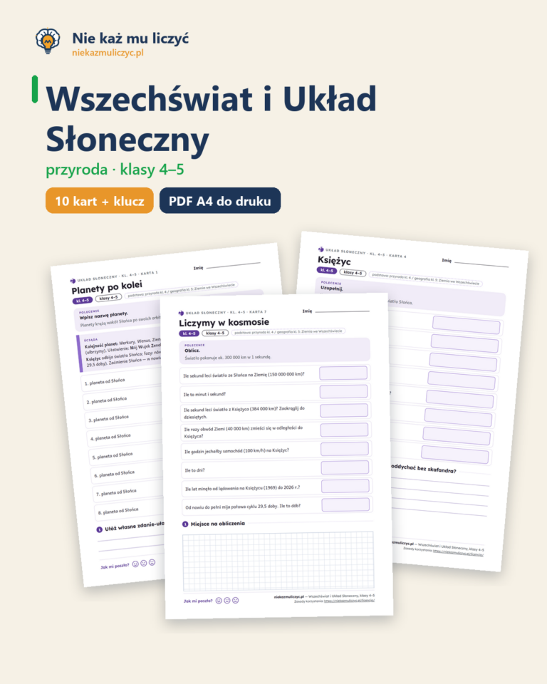 Wszechświat i Układ Słoneczny, kl. 4–5 — 10 kart pracy PDF z kluczem — okładka