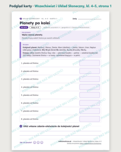 Wszechświat i Układ Słoneczny, kl. 4–5 — 10 kart pracy PDF z kluczem — podgląd karty, strona 1