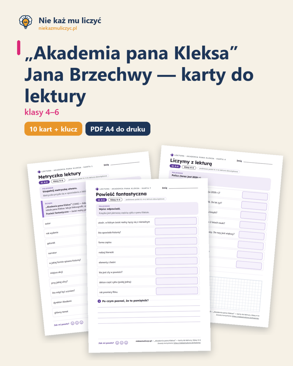 „Akademia pana Kleksa”, lektura kl. 4–6 — 10 kart pracy PDF z kluczem — okładka