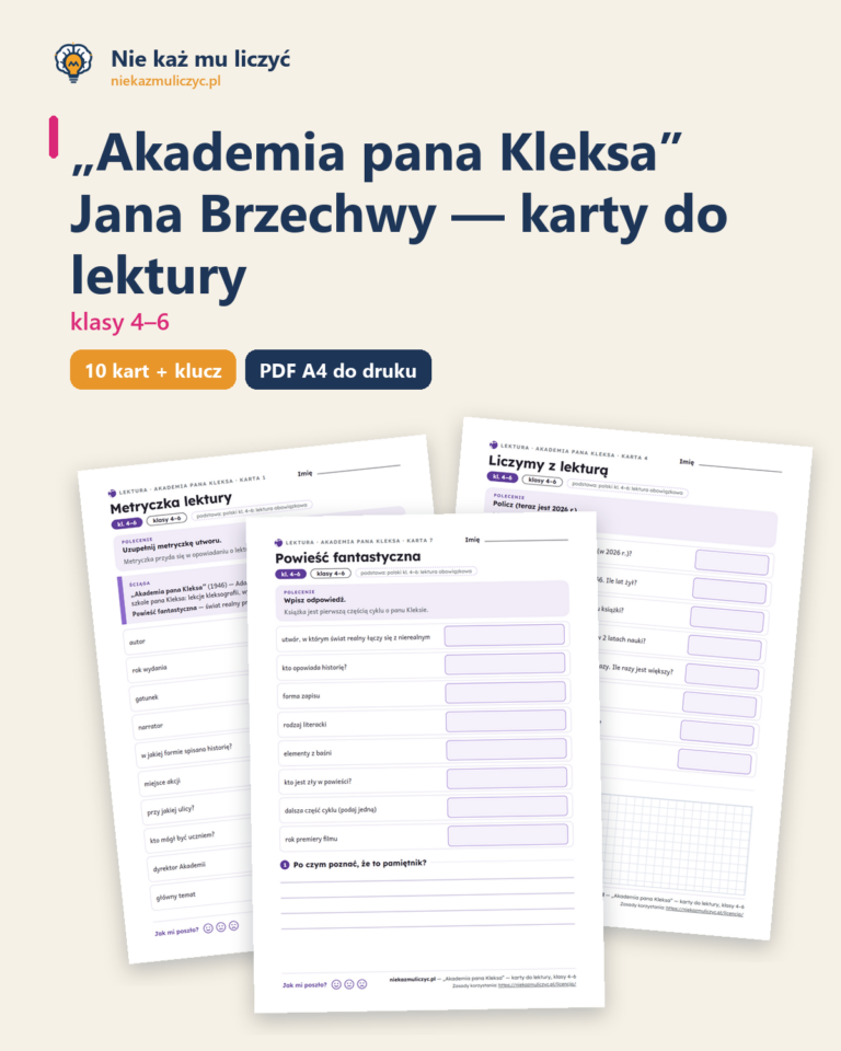 „Akademia pana Kleksa”, lektura kl. 4–6 — 10 kart pracy PDF z kluczem — okładka