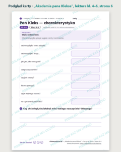 „Akademia pana Kleksa”, lektura kl. 4–6 — 10 kart pracy PDF z kluczem — podgląd karty, strona 6