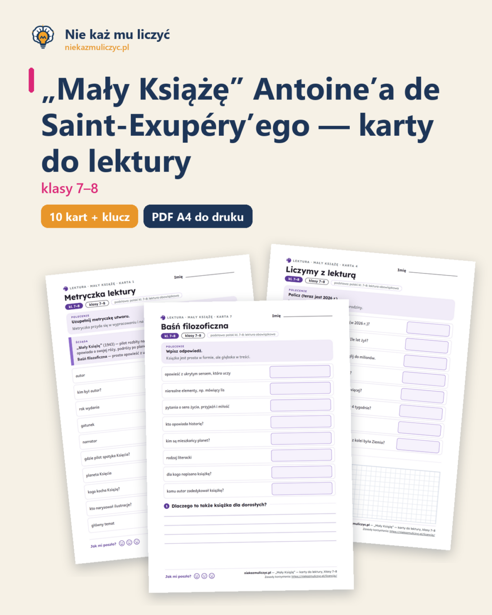 „Mały Książę”, lektura kl. 7–8 — 10 kart pracy PDF z kluczem — okładka