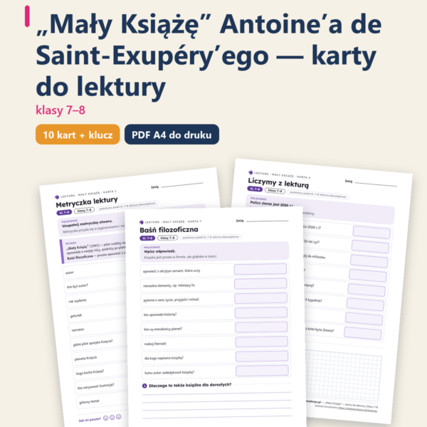 „Mały Książę”, lektura kl. 7–8 — 10 kart pracy PDF z kluczem — okładka