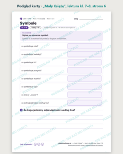 „Mały Książę”, lektura kl. 7–8 — 10 kart pracy PDF z kluczem — podgląd karty, strona 6