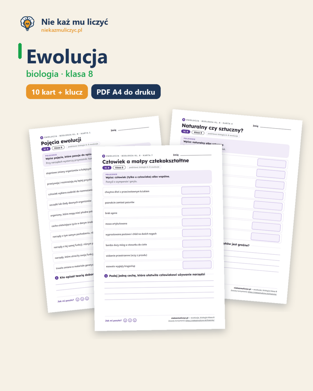 Ewolucja, biologia klasa 8 — 10 kart pracy PDF z kluczem — okładka