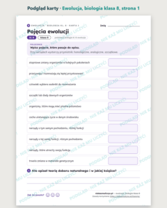 Ewolucja, biologia klasa 8 — 10 kart pracy PDF z kluczem — podgląd karty, strona 1