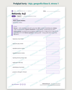 Azja, geografia klasa 8 — 10 kart pracy PDF z kluczem — podgląd karty, strona 1
