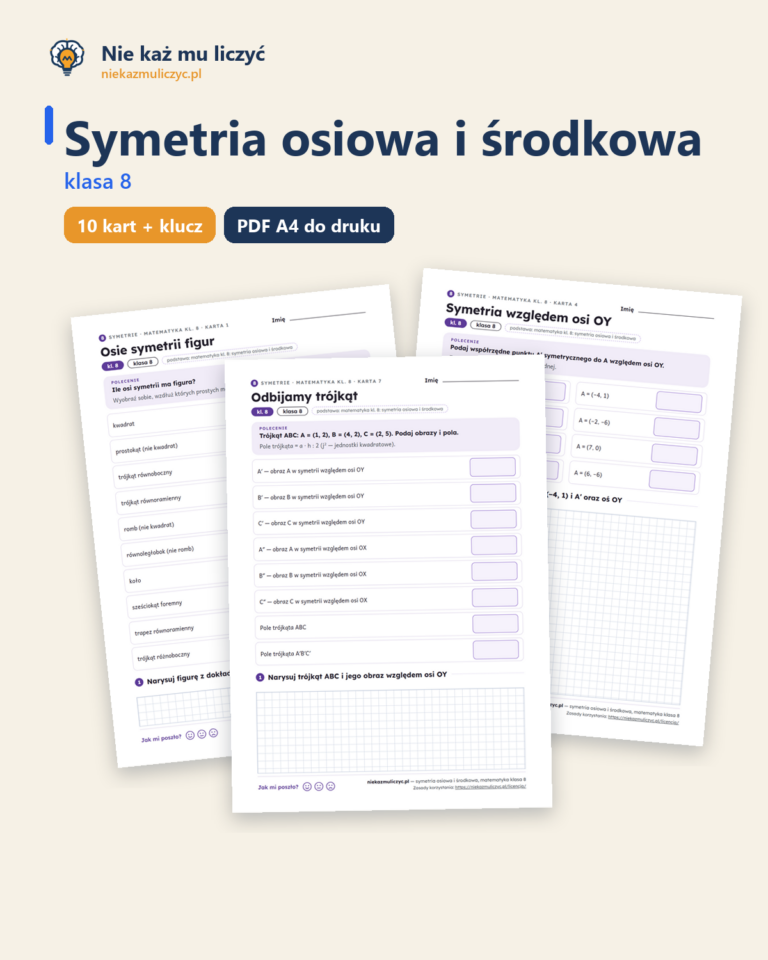 Symetria osiowa i środkowa, klasa 8 — 10 kart pracy PDF z kluczem — okładka