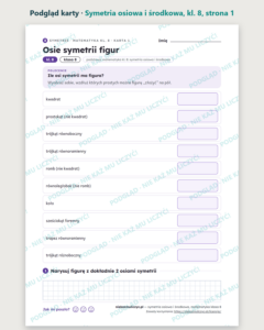 Symetria osiowa i środkowa, klasa 8 — 10 kart pracy PDF z kluczem — podgląd karty, strona 1