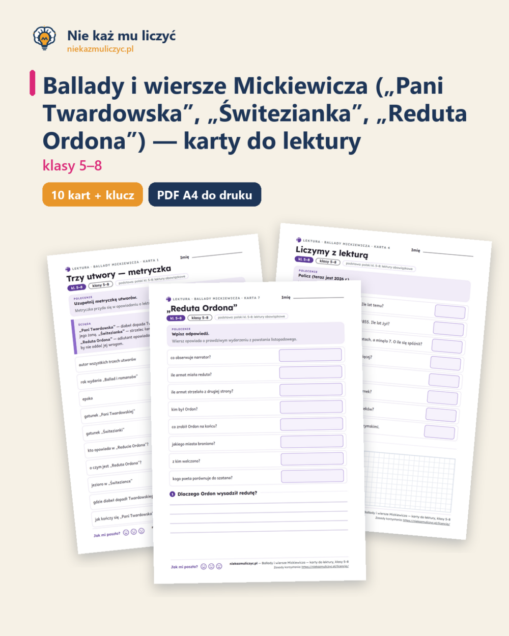 Ballady i wiersze Mickiewicza, kl. 5–8 — 10 kart pracy PDF z kluczem — okładka