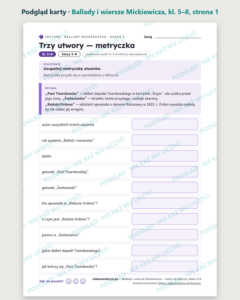 Ballady i wiersze Mickiewicza, kl. 5–8 — 10 kart pracy PDF z kluczem — podgląd karty, strona 1