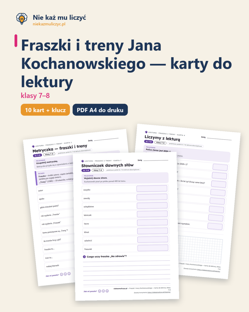 Fraszki i treny Kochanowskiego, kl. 7–8 — 10 kart PDF z kluczem — okładka