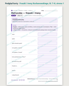 Fraszki i treny Kochanowskiego, kl. 7–8 — 10 kart PDF z kluczem — podgląd karty, strona 1
