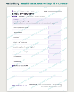 Fraszki i treny Kochanowskiego, kl. 7–8 — 10 kart PDF z kluczem — podgląd karty, strona 6