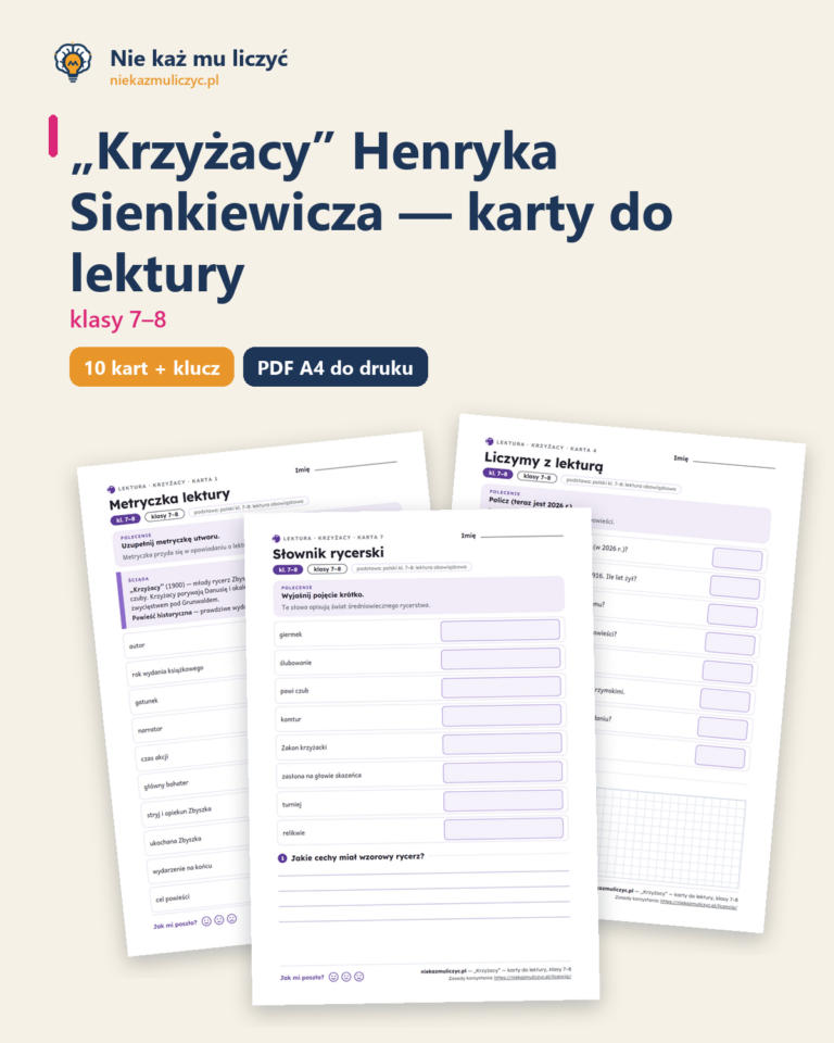 „Krzyżacy”, lektura kl. 7–8 — 10 kart pracy PDF z kluczem — okładka