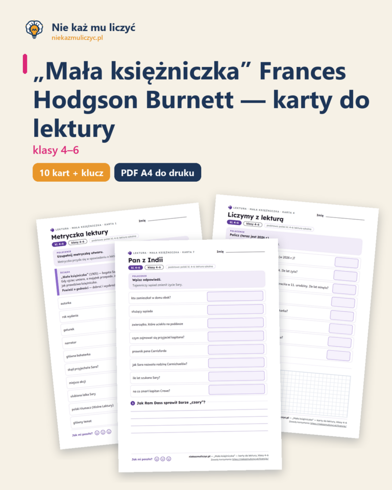 „Mała księżniczka”, lektura kl. 4–6 — 10 kart pracy PDF z kluczem — okładka