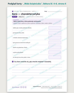 „Mała księżniczka”, lektura kl. 4–6 — 10 kart pracy PDF z kluczem — podgląd karty, strona 6