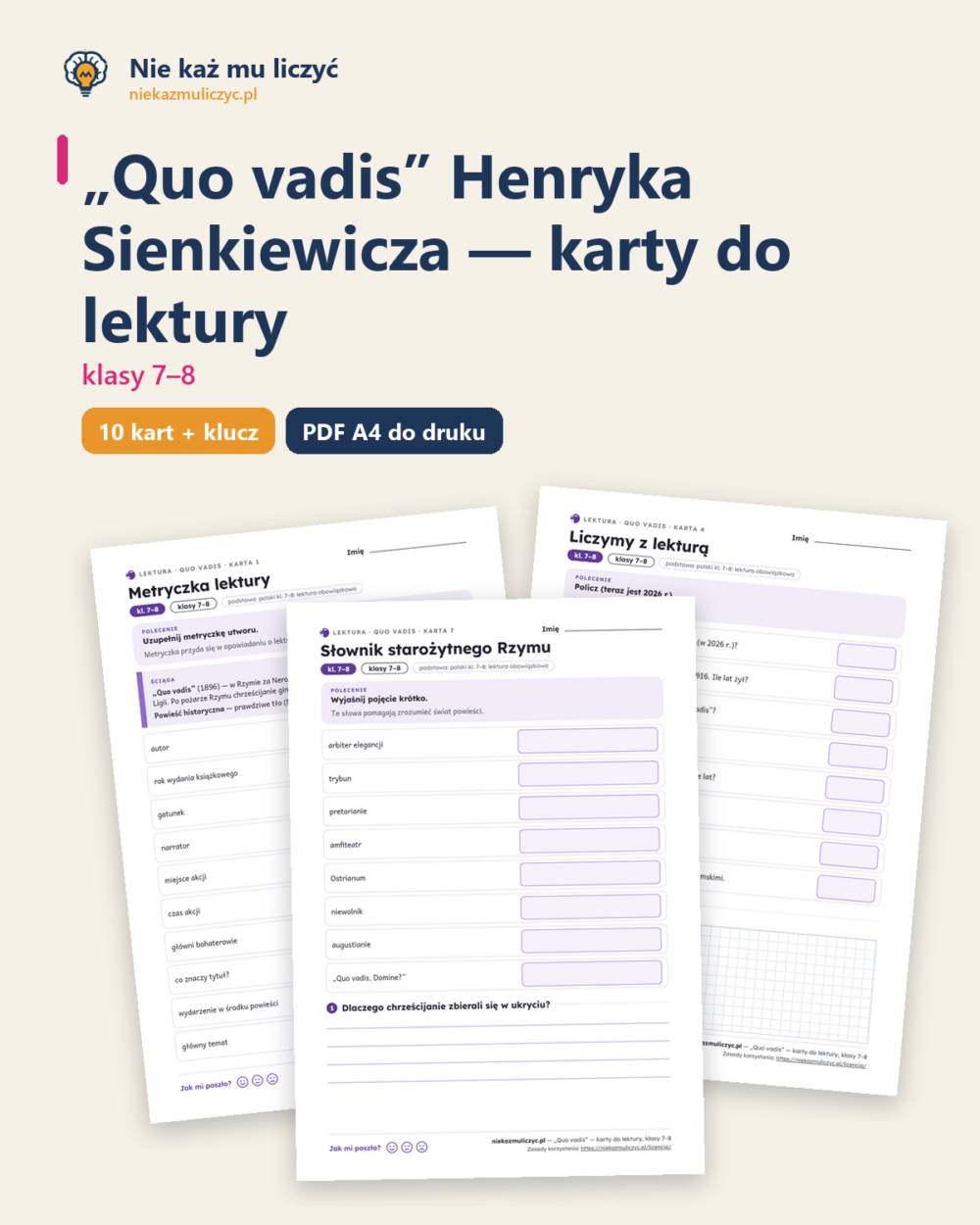 „Quo vadis”, lektura kl. 7–8 — 10 kart pracy PDF z kluczem — okładka