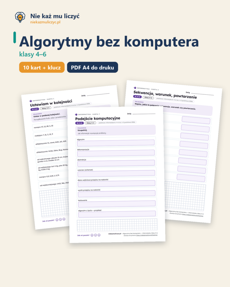 Algorytmy bez komputera — informatyka, klasy 4–6, 10 kart PDF — okładka